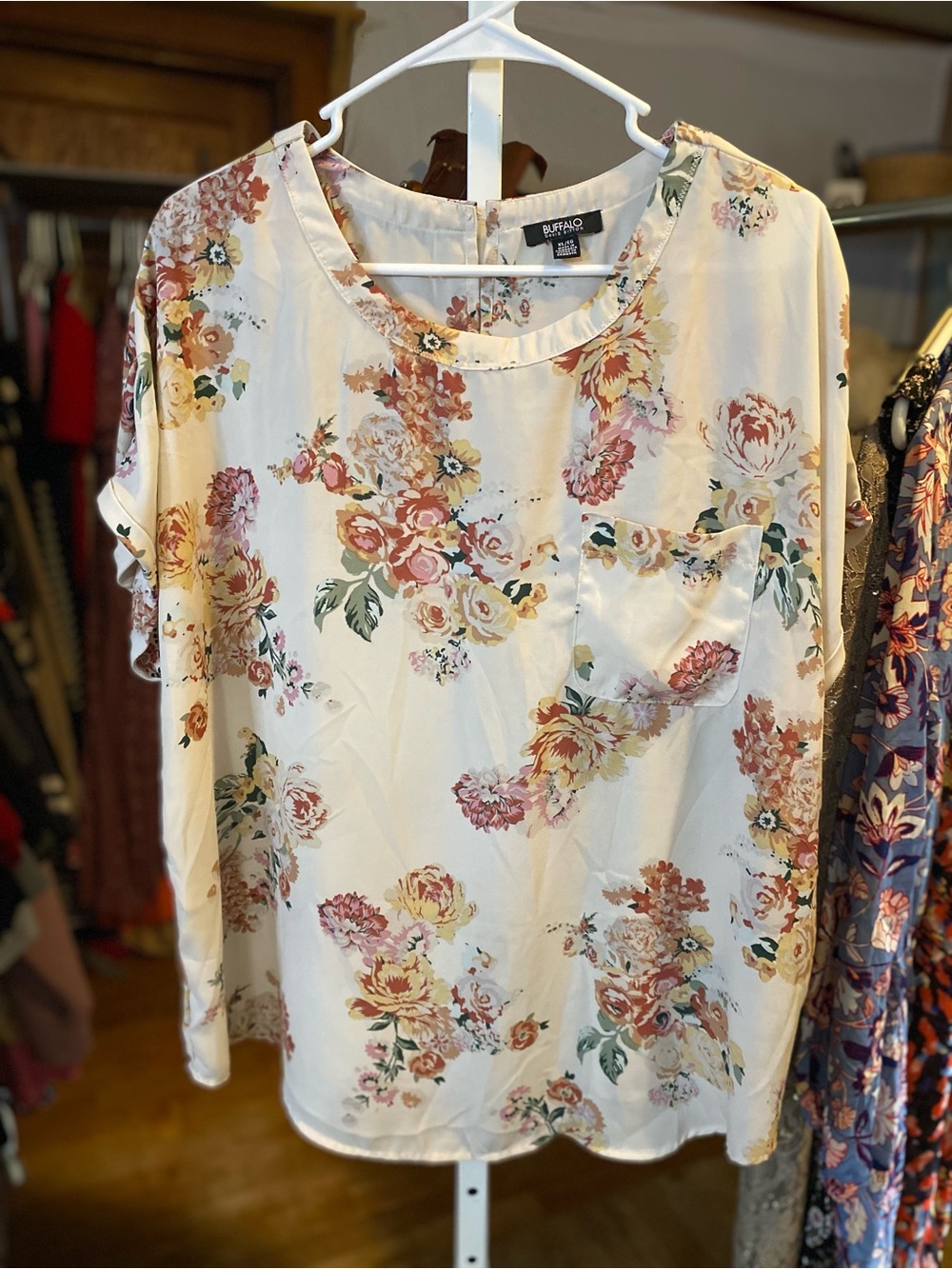 Buffalo David Bitton Cream Floral Pocket Tee with Pink and Yellow Blooms